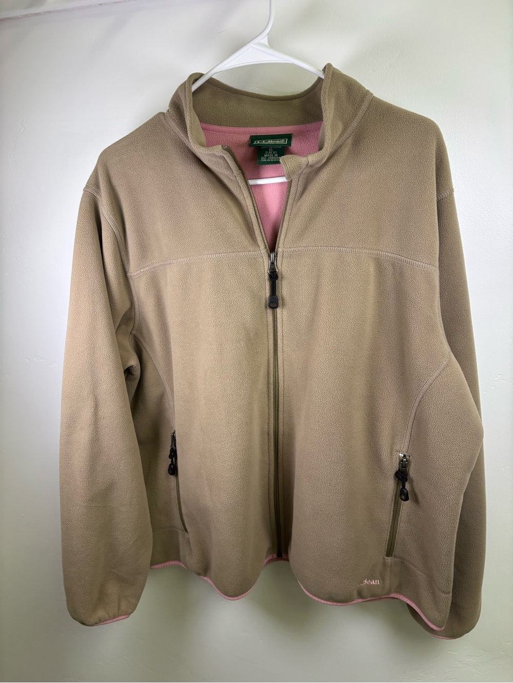 LL BEAN POLARTEC FULL ZIPPER FLEECE JACKET WOMEN XL TAN & PINK MEDIUM WEIGHT